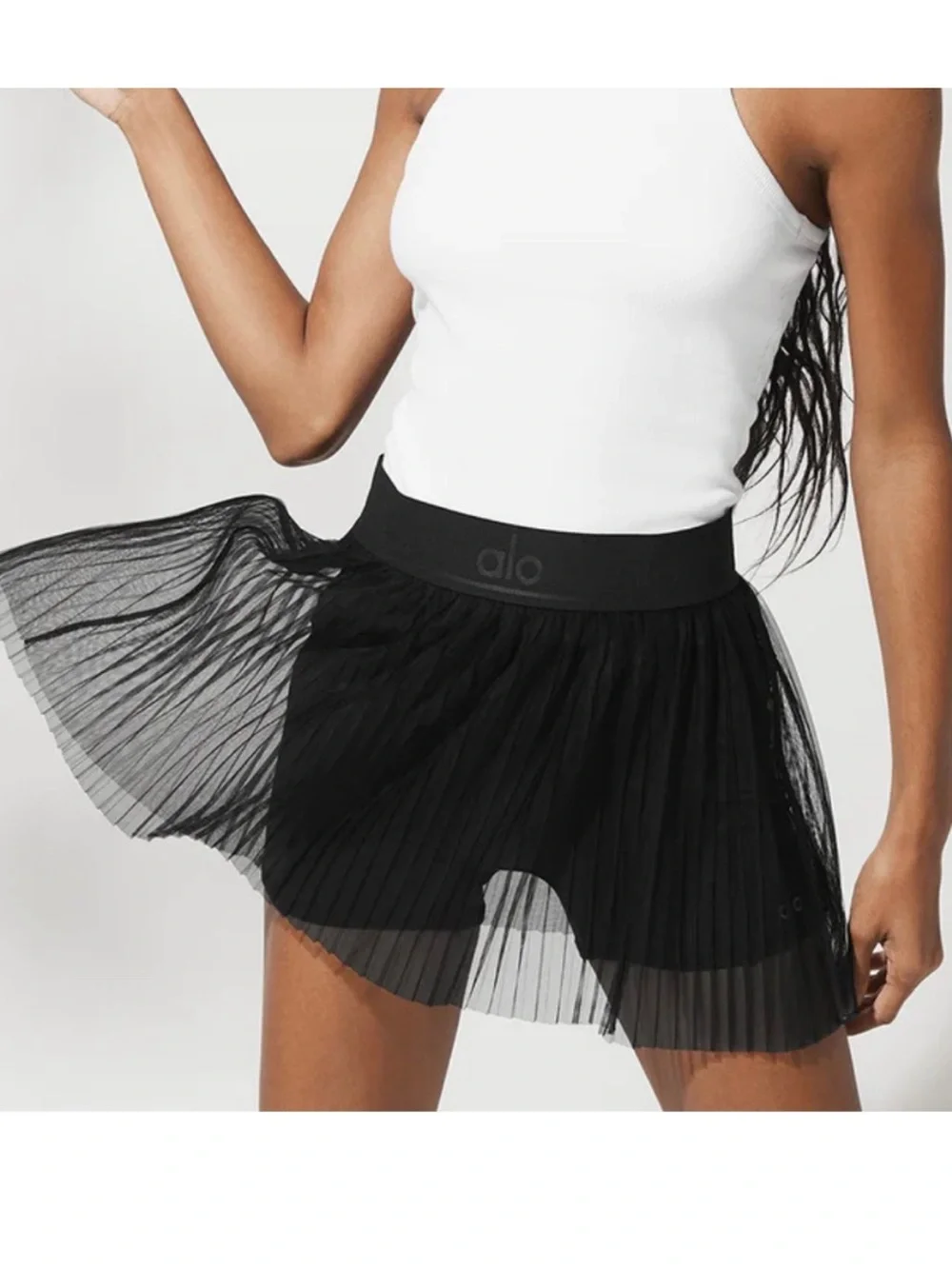 ALO Yoga Black Pleated Mesh Mini Skirt XS
